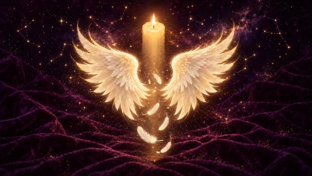 Alas de luz y plumas blancas alrededor de una vela
