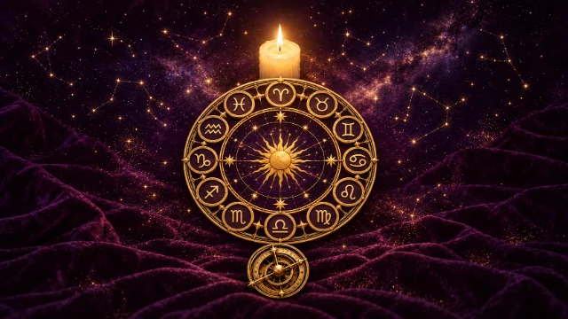 Rueda del zodiaco dorada con los doce signos bajo un cielo estrellado