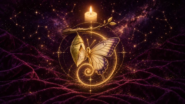 Mariposa saliendo de una crisálida dentro de una espiral dorada