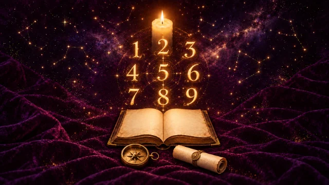 Números del 1 al 9 en dorado sobre un libro abierto, con una vela, una brújula y un pergamino