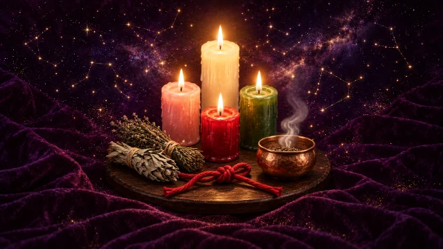 Velas de colores, hierbas secas, un cuenco de cobre y un cordón rojo sobre una bandeja de madera