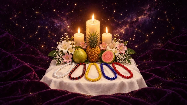 Altar con collares de cuentas de colores, frutas, flores blancas y velas