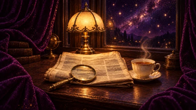 Periódico antiguo, lupa y taza de té junto a una lámpara y una ventana con estrellas