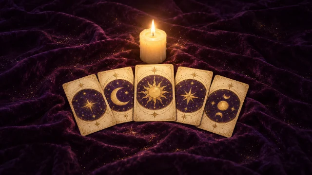 Cinco cartas de tarot con el sol, la luna y estrellas junto a una vela encendida