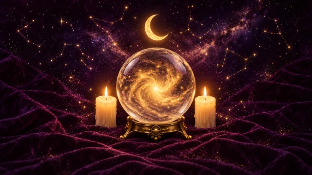 Bola de cristal iluminada entre dos velas, bajo una luna creciente