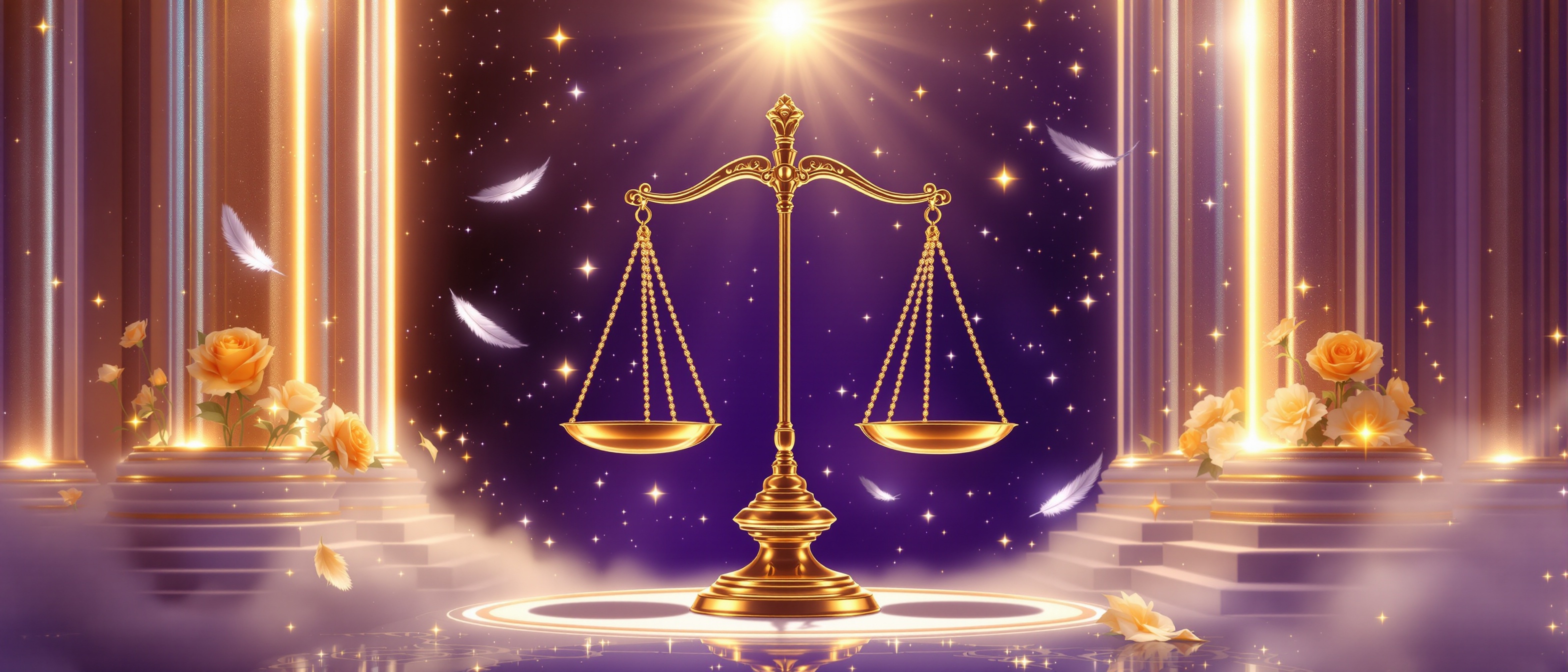 Horóscopo Libra 2026: balanza dorada suspendida entre pilares de luz con rosas y plumas en equilibrio