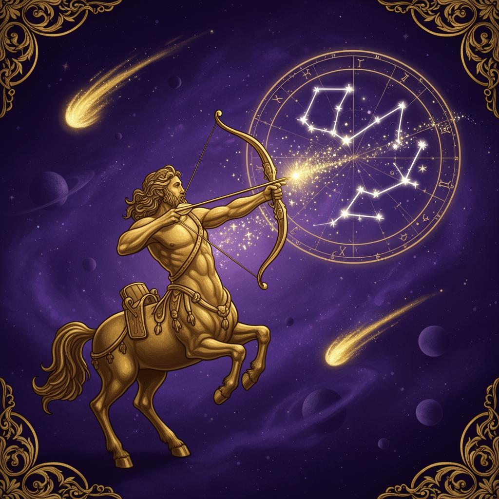 Horóscopo Sagitario 2026: centauro arquero dorado cabalgando un cometa de polvo de estrellas en galaxia