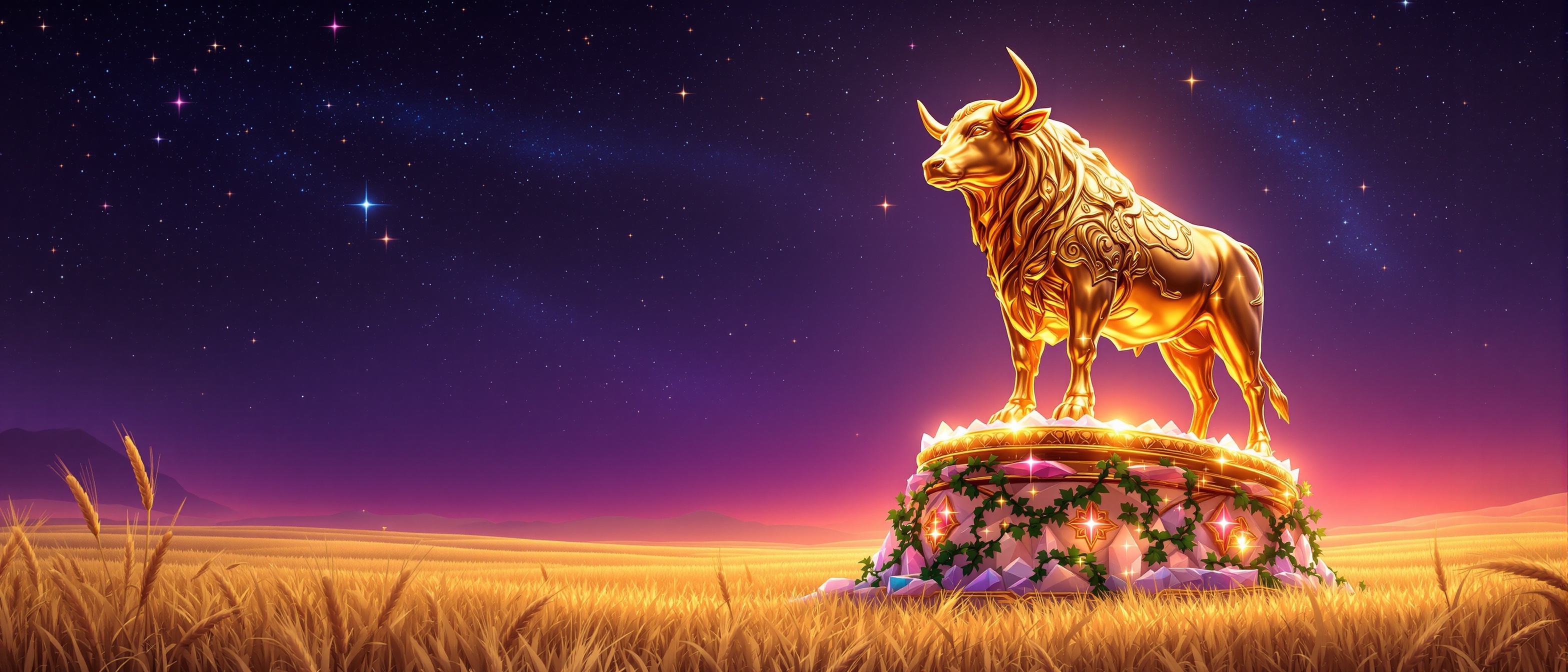 Horóscopo Tauro 2026: toro dorado sobre pedestal celestial con campos de trigo estrellados