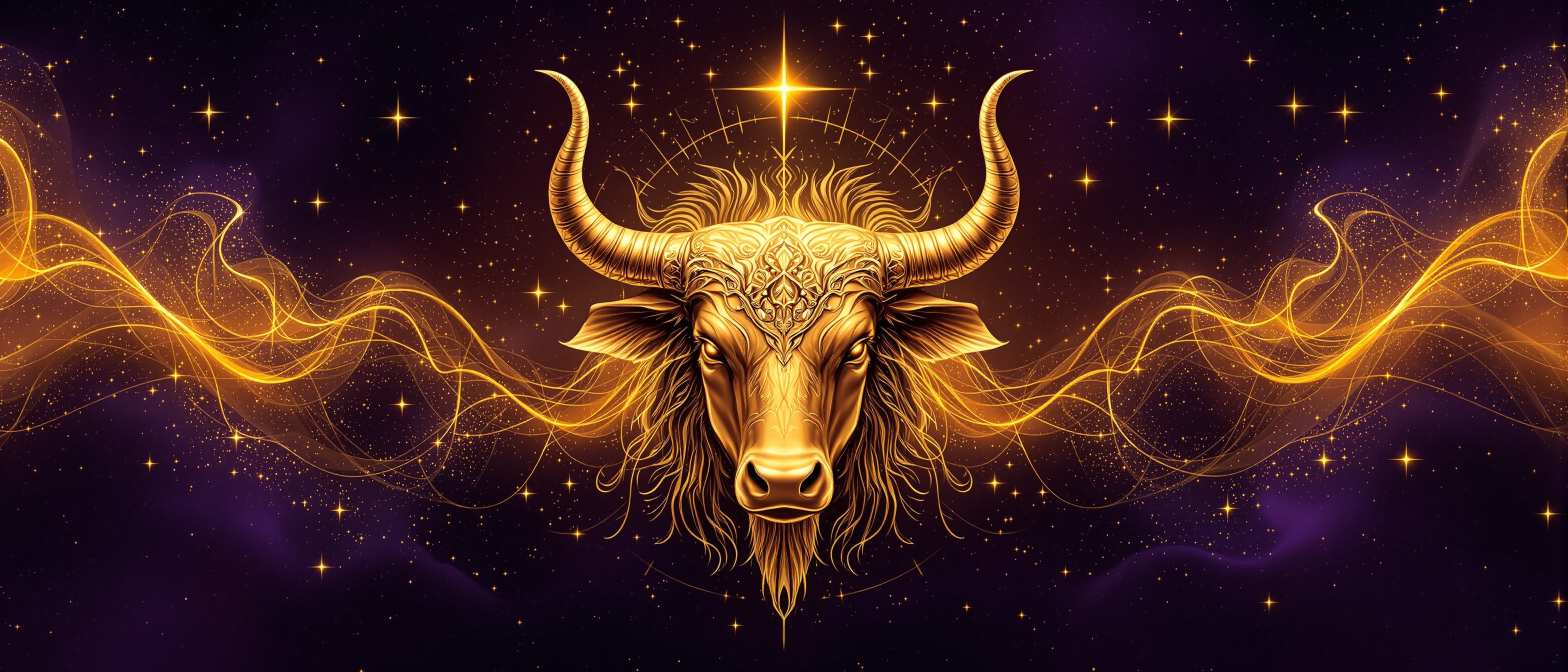 Horóscopo Leo: león regio dorado con melena de polvo de estrellas sobre galaxia púrpura
