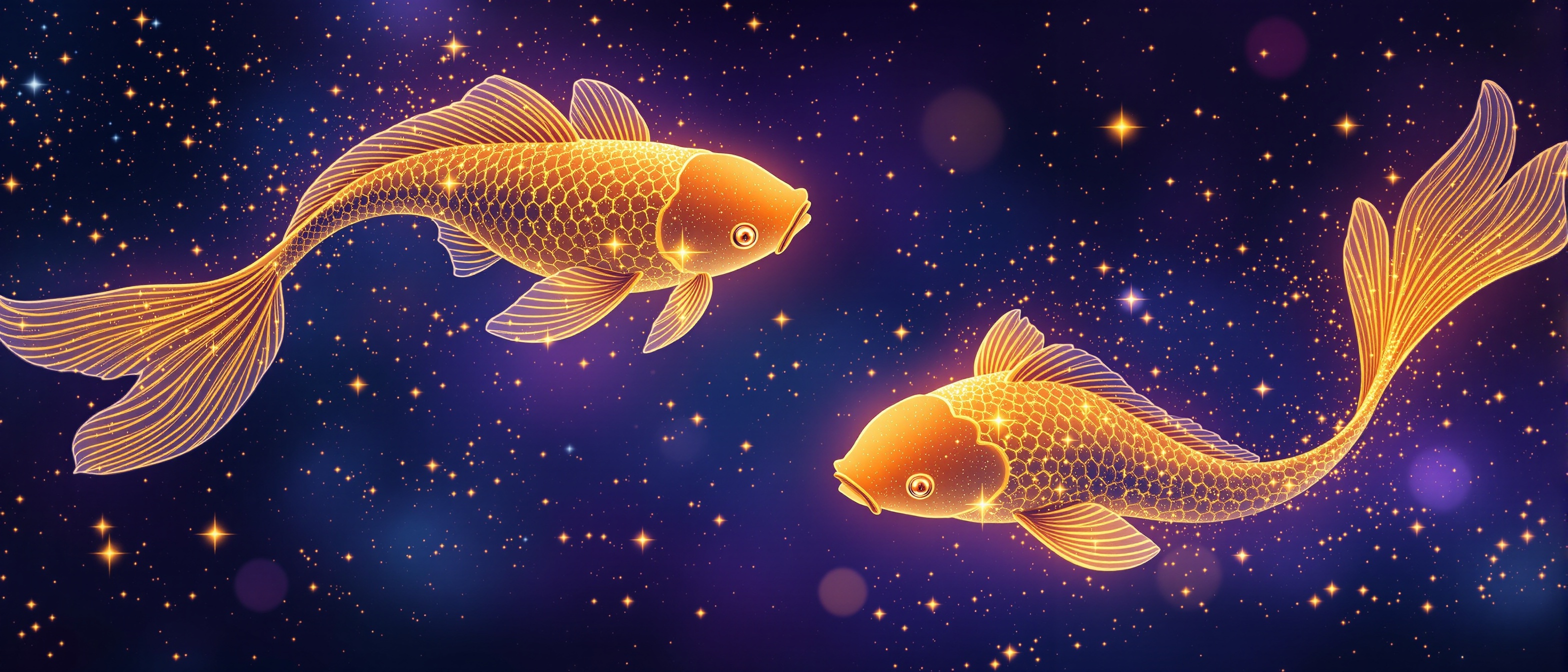 Horóscopo Piscis: dos peces celestiales dorados nadando en océano de estrellas