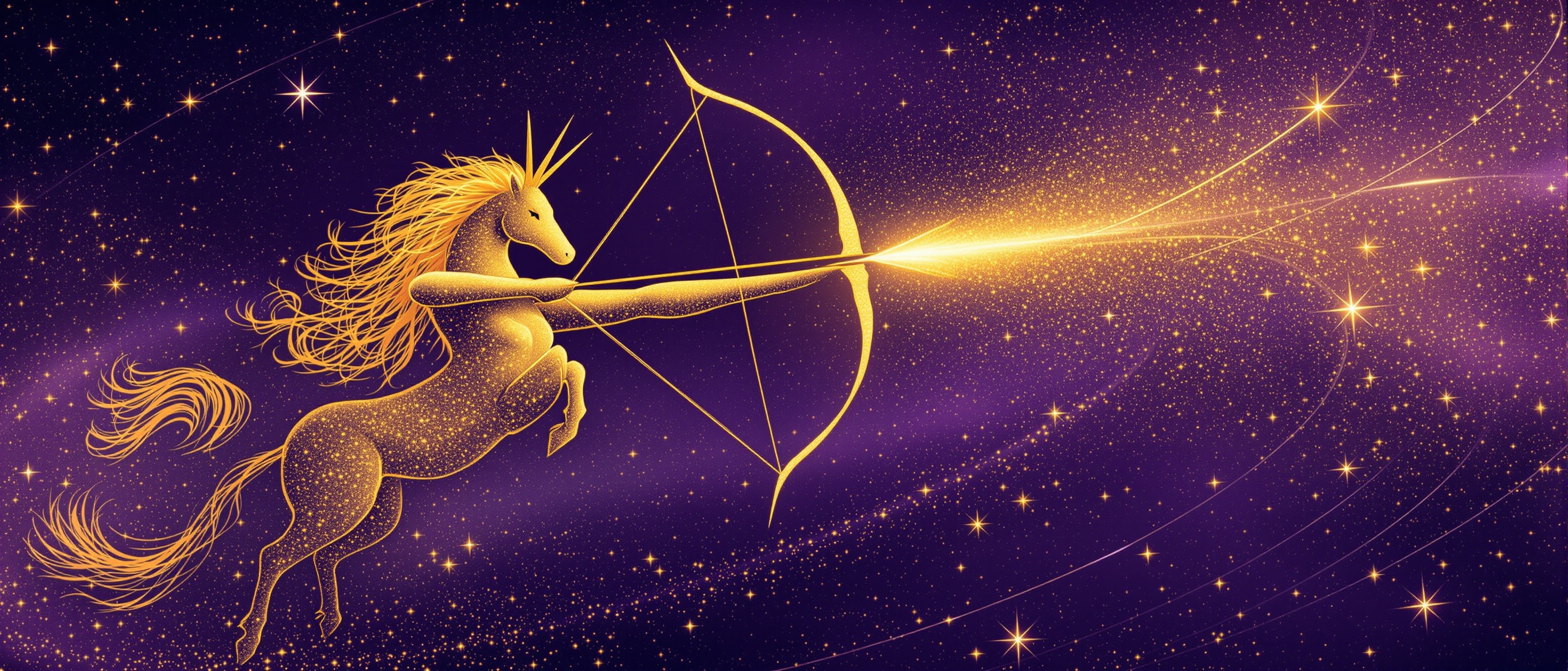 Horóscopo Sagitario: centauro arquero dorado con flecha de polvo de estrellas en galaxia